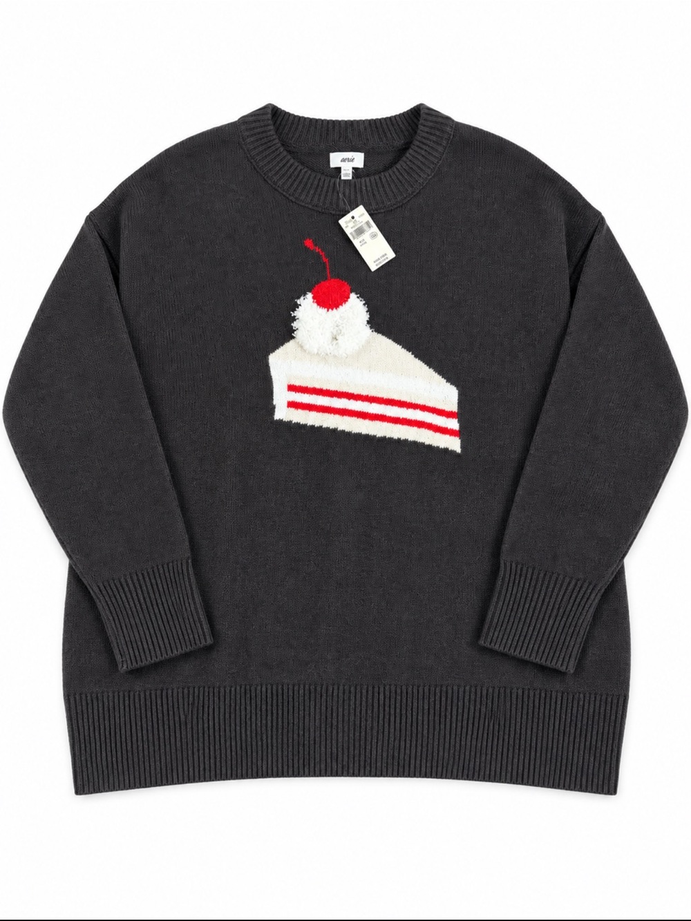 aerie Charcoal Crewneck Sweater with Cake & Cherry Graphic